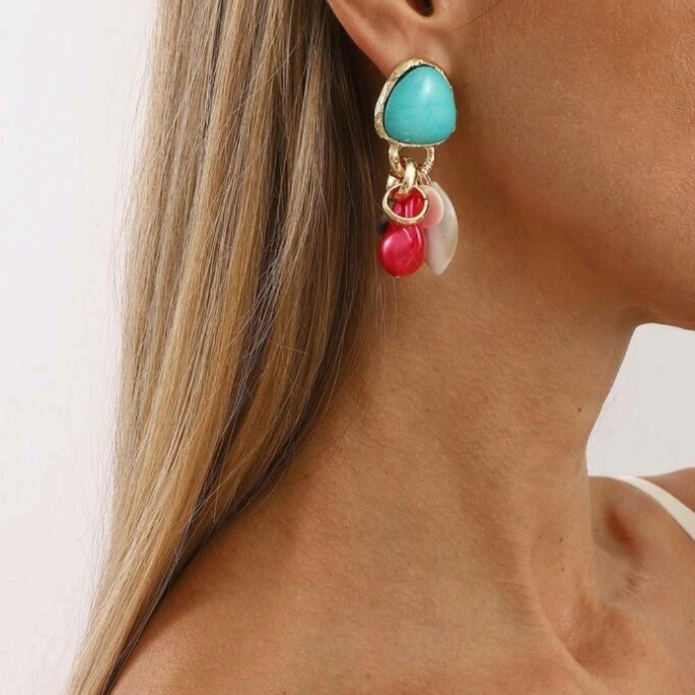 NEW! Gold Plated Elegant Turquoise & Multicolor Dangle Charms Post Earrings